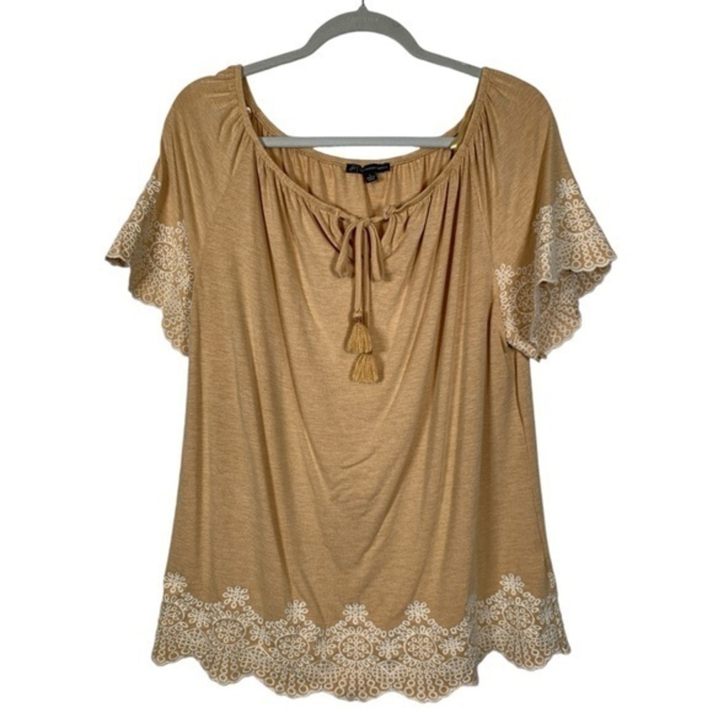 Adrianna Papell Peasant Blouse Embroidered Trim Tassels Tan Size Large EUC #0253